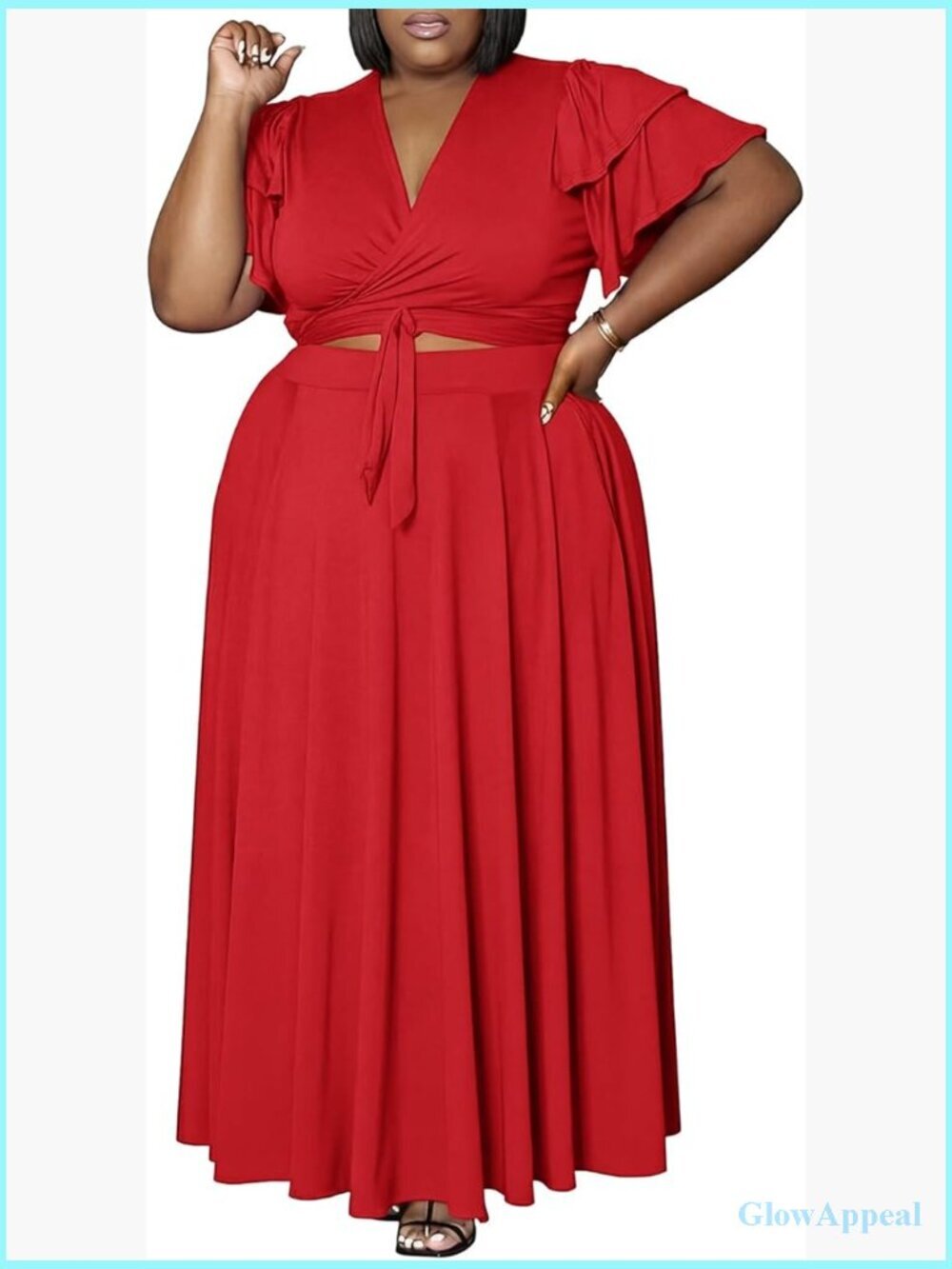 Plus Size 2 Piece Outfit Short Sleeve Crop Top Flowy Maxi Skirt Set